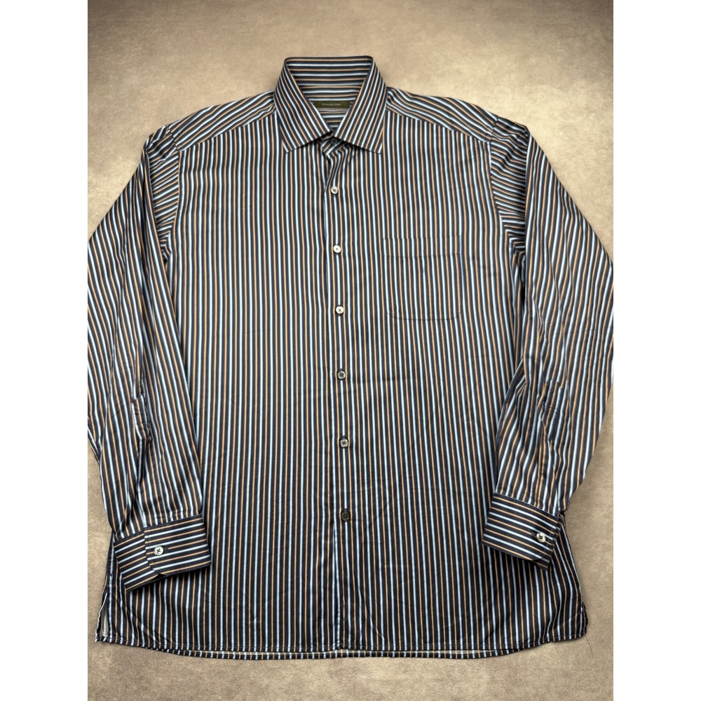 Ermenegildo Zegna Mens XL Navy Blue Brown Stripe Classic Shirt Long Sleeve